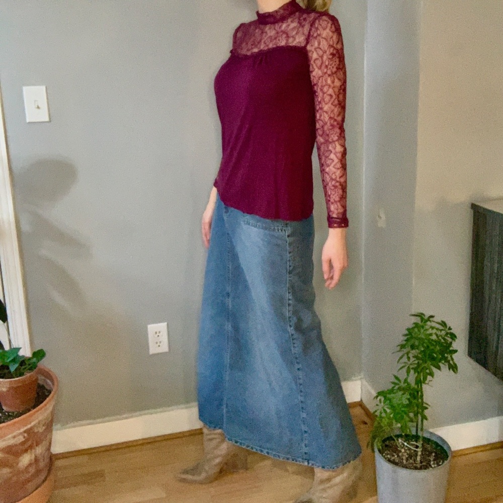 Low waisted Denim maxi Skirt with slit a line cut super flattering US 3/4 S XS - Picture 8 of 9